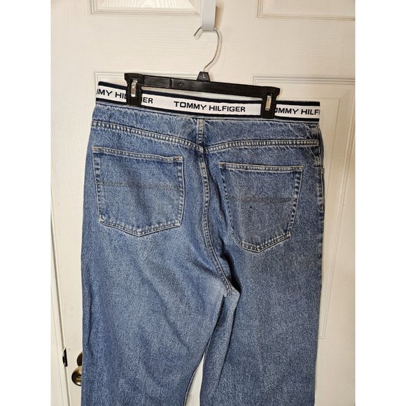 Vintage Tommy Hilfiger Jeans Mens 36x32 Blue Big Flag Straight Y2K Pants Baggy - Picture 9 of 12